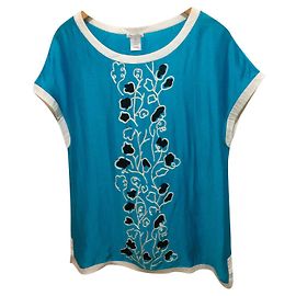 Camicia in seta ricamata Oscar de la Renta Nero Bianco Blu Turchese