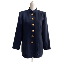 Yves Saint Laurent-Vintage wool crepe city coat-Navy blue