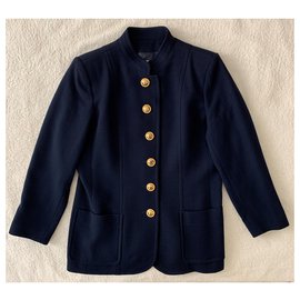 Yves Saint Laurent-Vintage wool crepe city coat-Navy blue