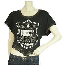 Philipp Plein-T-shirt de renda de manga curta Philipp Plein Preto Feminino Sheriff Strass-Preto