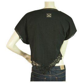 Philipp Plein-Philipp Plein camiseta negra de manga corta con diamantes de imitación de Sheriff para mujer, dobladillo de encaje-Negro