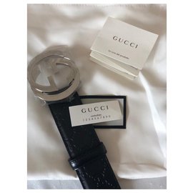Gucci-Gucci Black Leather Embossed Belt Size 90-Black