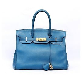 Hermès Birkin 30 Blue Leather Handbag Blue