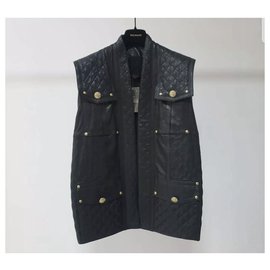 Balmain-BALMAIN Black  Leather Gold Buttons Sleeveless Jacket Sz.34-Black