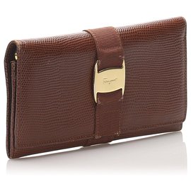Autre Marque-Ferragamo Brown Vara Leather Long Wallet-Brown