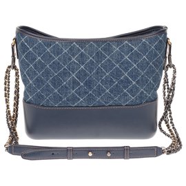 Chanel-Lovely Chanel Gabrielle small model handbag in blue denim and gold and silver metal hardware-Blue