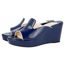 Prada Sandalia con cuña de charol Saffiano Blanco Azul marino