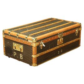 Stupendo e raro baule da cabina Goyard in tela chevron, ottone e legno! Marrone