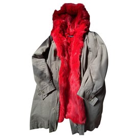 Autre Marque-On parle de vous - Fur Lined Classic Parka Hooded-Red,Dark green