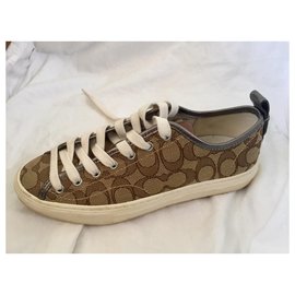 Coach-Signature print canvas and leather sneakers-Brown
