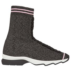 Fendi-Fendi Gray Fabric Sock Sneakers-White,Grey
