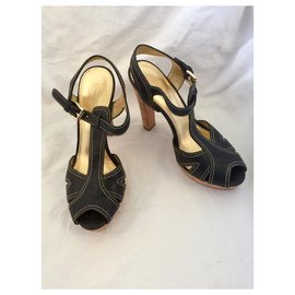 Coach-Coach high heeled leather sandals with cork heels-Brown,Black