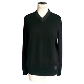 CHANEL UNIFORM Herrenpullover V schwarze Wolle Hervorragender Zustand TS Schwarz