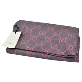 Gucci-Gucci Scarf pink-grey 100% Silk monogram motifs-Pink,Dark grey