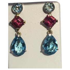 Autre Marque-Gold earrings 18 Kt aquamarine topaz and tourmalines-Gold hardware