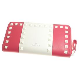 Cartera larga de cuero Rockstud rosa Valentino Rosa Blanco