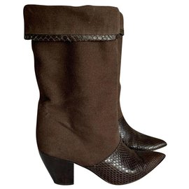 Walter Steiger-Cloth and snakeskin leather boots-Brown,Chocolate