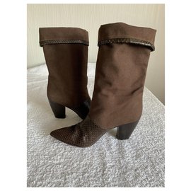 Walter Steiger-Cloth and snakeskin leather boots-Brown,Chocolate