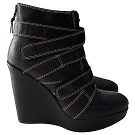 Stuart Weitzman Black Leather Wedge Ankle Boots Black