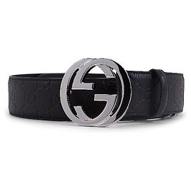 Gucci Black Leather Embossed Belt Size 100 Black