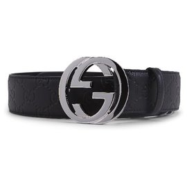 Gucci-Gucci Black Leather Embossed Belt Size 100-Schwarz