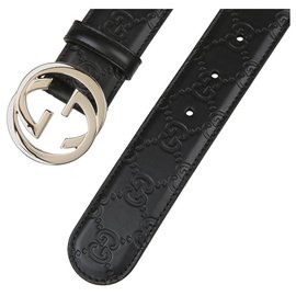 Gucci-Gucci Black Leather Embossed Belt Size 95-Schwarz