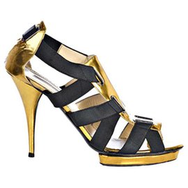 Oscar de la Renta-Sandálias de couro preto e dourado com bandagem-Preto,Dourado