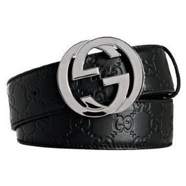 Gucci-Gucci Black Leather Embossed Belt Size 85-Black