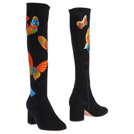 Valentino Garavani-Valentino Butterfly Suede Knee-High Boots, size 39-Black