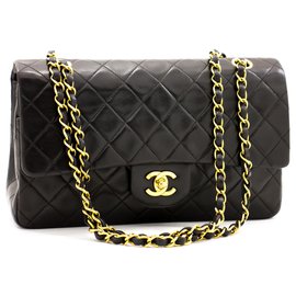 Chanel-Chanel 2.55 lembo foderato 10"Borsa a tracolla nera con catena classica-Nero