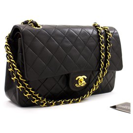 Chanel-Chanel 2.55 lined flap 10" Chain Shoulder Bag Black Lambskin-Black