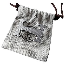 Hermès HERMES Echte neue H-Gürtelschnalle - Shiny Guilloche Palladium (COULEUR ARGENT) Silber
