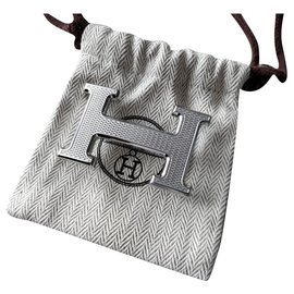 Hermès-HERMES Genuine new H belt buckle - Shiny guilloche palladium (COULEUR ARGENT)-Silvery