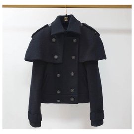 Chanel-Cappotto da marinaio con bottoni con logo CC in lana nera Chanel-Nero