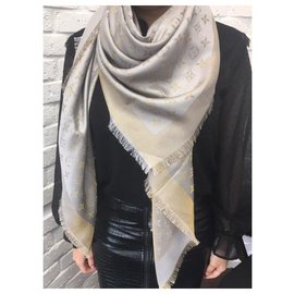 Louis Vuitton Gold/Grey Monogram Shine Shawl Scarf - Yoogi's Closet