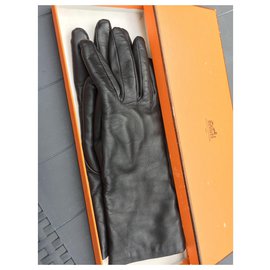 Hermès-Hermès gloves black leather lined cashmere-Black