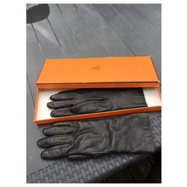 Hermès-Hermès gloves black leather lined cashmere-Black