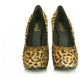 Yves Saint Laurent-Yves Saint Laurent Marrón Leopardo Calf Hair Tribute Tribtoo Tacones Bombas 40 Zapatos-Castaño
