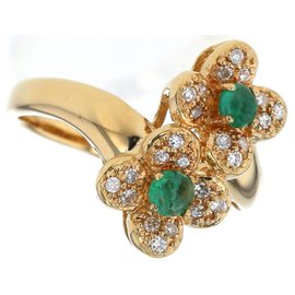 Autre Marque-18K Yellow Gold Diamond Emerald Fleurette Ring-Multiple colors