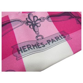 Hermès-HERMES Silk Mors Et Gourmettes Vichy Twilly Rose Vif Framboise Branco NOVO EM FOLHA-Rosa