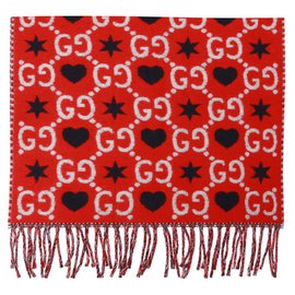 Gucci-GUCCI HEART SCARF lined FACE 30 x 200 cm New-White,Red,Dark blue