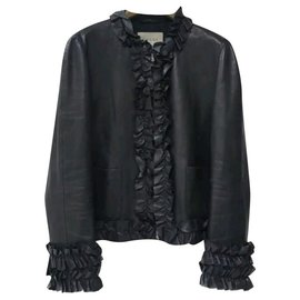 Gucci-Gucci Black Ruffle leather jacket Sz 44-Black