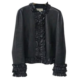 Gucci-Veste en cuir Gucci Black Ruffle Sz 44-Noir