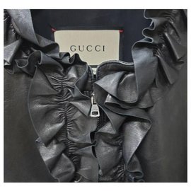 Gucci-Gucci Black Ruffle leather jacket Sz 44-Black