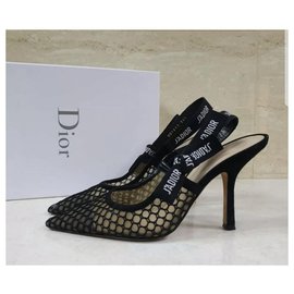 Dior-Christian Dior J’adior Black Velvet Fishnet Slingback Pumps Size 38,5-Black