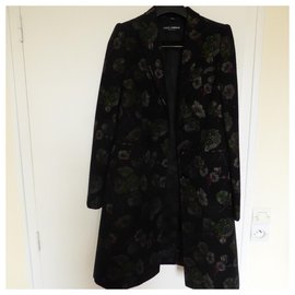 Dolce & Gabbana Black Wool Coat with Floral Pattern Black
