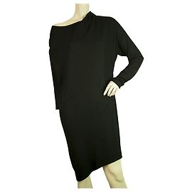Helmut Lang Black 100% Wool Boat Neckline Asymmetrical Hem Dress size M Black