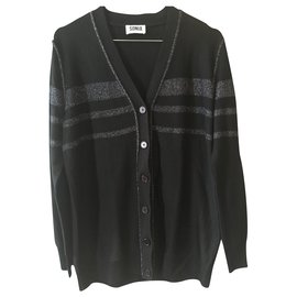 Sonia By Sonia Rykiel-Sonia by Sonia Rykiel black long cardigan with shiny silver thread stripes size S-Black,Silvery