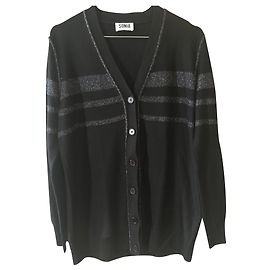 Sonia By Sonia Rykiel Sonia von Sonia Rykiel schwarze lange Strickjacke mit glänzenden silbernen Fadenstreifen Größe S. Schwarz Silber