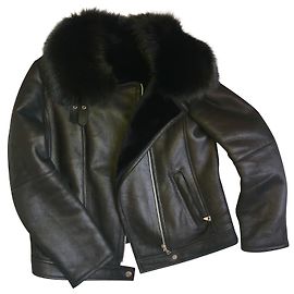 Theory Black Lambskin Biker Jacket with Blue Fox Collar Black